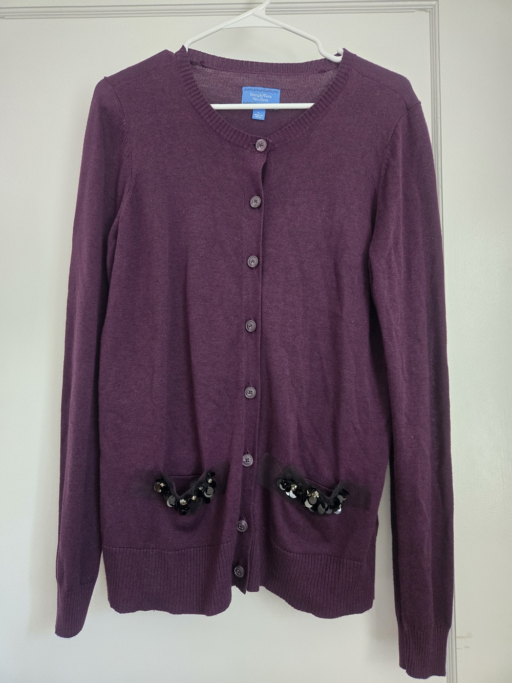 Simply Vera Wang Women's Plum Button-Up Cardigan Sweater With Sequin Pockets